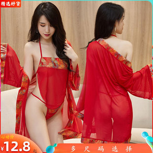 古代汉服情趣肚兜式红色内衣，性感纯欲风大码睡衣，套装薄纱透明诱惑