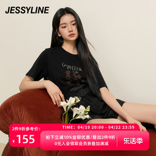 杰茜莱黑色字母卡通短袖T恤女2024春夏百搭上衣潮 jessyline