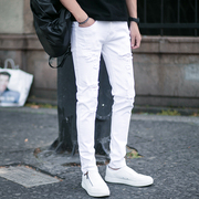 白色牛仔裤男夏季薄款弹力修身小脚裤男士韩版潮流纯白破洞长裤子