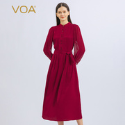 VOA真丝提花波尔多红立领印花乔其长袖线条设计桑蚕丝衬衫连衣裙