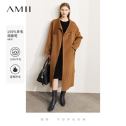 Amii2024冬季全羊毛双面呢外套法式配腰带立领长款毛呢大衣女