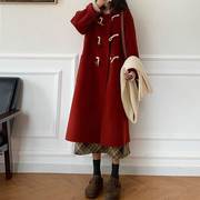 红色牛角扣双面羊绒，大衣女2024秋冬季小个子毛呢外套韩系呢子