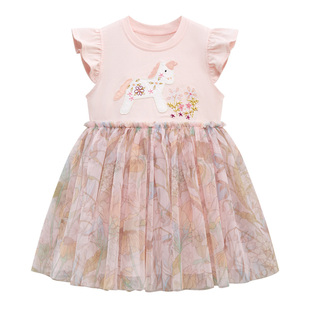 女童粉红色短袖连衣裙宝宝小马，裙子儿童纯棉，夏装婴幼儿网纱公主裙