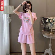 新中式粉色短袖短裤，运动套装女夏国风复古盘扣，显瘦跳舞健身两件套