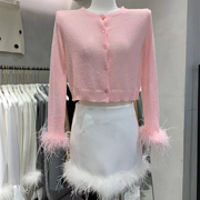 韩版洋气显瘦短款毛毛拼接针织开衫外套女春季时髦百搭上衣潮