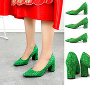 绿色婚鞋绒面蕾丝粗跟新娘，鞋中跟孕妇，敬酒鞋低跟大码结婚绿鞋女单