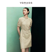 VGRASS新中式旗袍风格重工蕾丝连衣裙24年春季轻奢气质裙子
