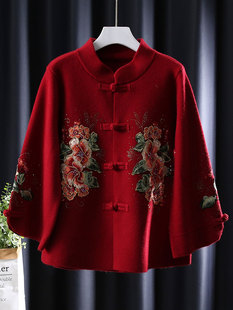中国风刺绣花妈妈毛衣外套唐装，本命年龙年红色，盘扣中式上衣服装女