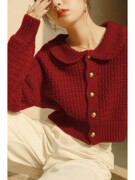 圣诞红色短款娃娃领针织开衫女秋冬新年红复古慵懒风毛衣外套上衣