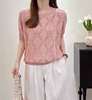 短袖t恤女粉色针织衫2023镂空蝙蝠袖，夏季薄款韩版宽松上衣女