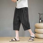 男士亚麻裤子夏季条纹七分裤，潮流复古阔腿运动裤，棉麻透气休闲短裤