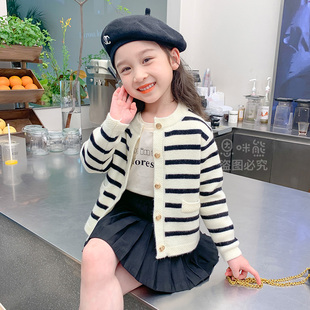 韩系女童针织开衫加绒春秋季韩版儿童洋气条纹毛衣外套长袖潮