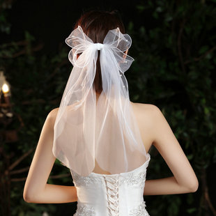 新娘婚礼头纱超仙森系白色旅拍短款蝴蝶结婚纱领证登记孕妇照头饰
