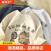 夏季女童中大童纯棉卡通，小猫印花短袖t恤洋气宽松儿童上衣潮