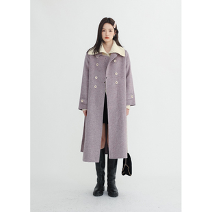 CHACHASTU 全羊毛手工双面呢大衣女秋冬高级感紫色中长款毛呢外套