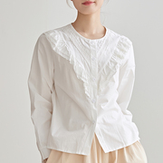 小清新纯棉圆领白衬衫森女系春装长袖上衣设计感小众蕾丝拼接衬衣