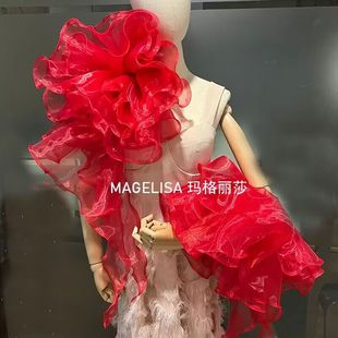 新娘手套多层荷叶婚纱礼服纱袖红色手袖配饰，遮手臂款臂袖订做颜色