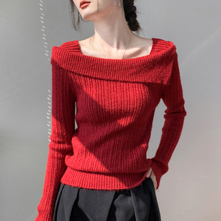 法式小香风针织衫女2024秋冬长袖洋气设计感红色一字领毛衣