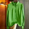 樱美嘉灯笼袖镂空真丝衬衫，女春季绿色长袖，翻领通勤ol桑蚕丝上衣r