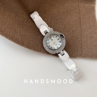 handsmood陶瓷白气质(白气质，)镶钻圆形贝母面，手表高级感精致女士腕表332