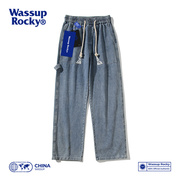 WASSUP潮牌嘻哈牛仔裤美式潮流阔腿裤复古宽松直筒裤秋季休闲长裤