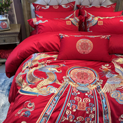 100中式婚庆大红支全棉贡缎，提花四件套龙凤刺绣被套结婚床上用品
