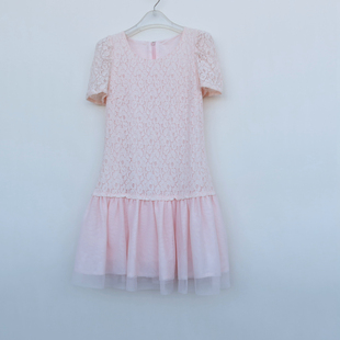 艾格特/S断码 女夏粉红色甜美蕾丝短袖连衣裙4E2205