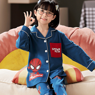 蜘蛛侠卡通女童睡衣纯棉长袖，2023韩版开衫时尚，女孩大中小童家居服