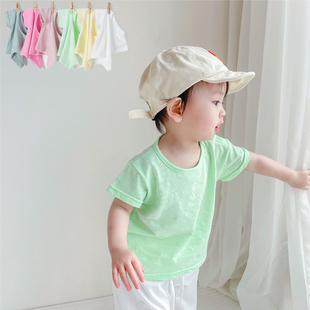 儿童夏季短袖宝宝纯棉薄款，上衣圆领半袖轻薄透气纯色，宽松休闲t桖