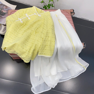 黄色立领短袖蕾丝衫松紧腰包臀雪纺半身裙套装时尚休闲洋气D$14