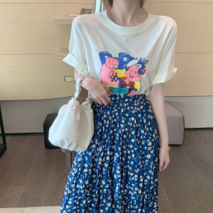 休闲时尚套装韩风港味上衣，白色短袖t恤女高腰，碎花中长款半身裙子