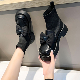 黑色马丁靴女2024年春秋蝴蝶结，小皮鞋拼接弹力袜靴女法式短靴