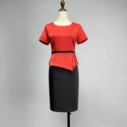品牌折扣红色短袖连衣裙女2023夏高腰(夏高腰，)修身显瘦假两件红配黑包臀裙