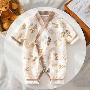 婴儿纱布长袖连体衣夏季薄款宝宝棉纱衣服男新生儿绉纱和服空调服