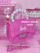 SPINKS/芭比系列小香风果冻包粉色珍珠手提包亚麻小方包