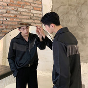 韩国ulzzang垂感长袖衬衫 个性金属流苏设计男士丝滑缎面质感衬衣