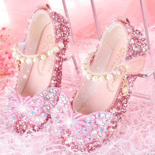 女童皮鞋春款爱莎公主的鞋小女孩软底，水晶鞋女儿童，珍珠礼服单鞋子(单鞋子)