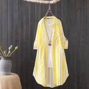 含棉黄色衬衫女中长款2023韩版宽松百搭外套，空调衫女上衣衬衣