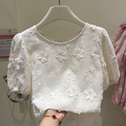 高级感刺绣蕾丝泡泡白色短袖衬衫女夏2024设计感小众减龄小衫