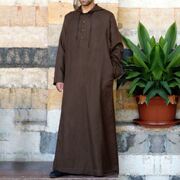 阿拉伯风格仿棉麻长款男士连帽衬衫迪拜东南亚男式纯色宽松长袍