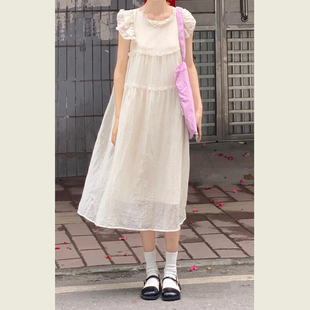 法式气质杏色小飞袖连衣裙，女夏季小个子，设计感仙女雪纺长裙子