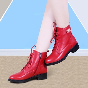 红色短靴女2023秋冬季头层软，牛皮圆头女士，靴子加绒平底马丁靴