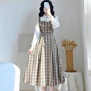 French Vintage Plaid Dress Women Fake Two Pieces Autumn Prep