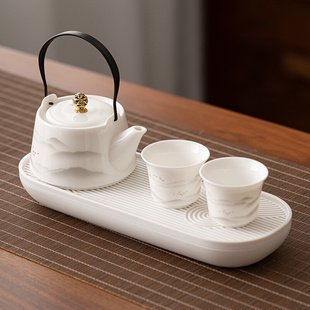 羊脂玉日式一壶二杯带茶盘，干泡陶瓷功夫茶具套装，家用酒店办公高档