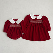 姐妹装女一大一小儿童春秋女童连衣裙红色裙子丝绒公主裙婴儿衣服
