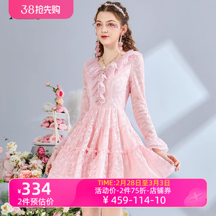 艾丽丝2024春季粉色蝴蝶结v领短款连衣裙优雅白色蕾丝仙女裙