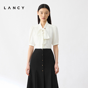 LANCY/朗姿2024夏季法式气质短袖飘带白衬衫职业通勤ol上衣女