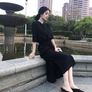 裙子女长款夏季收腰显瘦气质，长裙高级感雪纺赫本风中袖黑色连衣裙