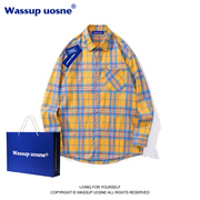 WASSUP美式hiphop撞色格子长袖衬衫外套男潮牌街头痞帅情侣装衬衣