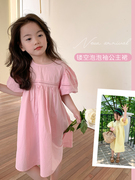 女童夏季连衣裙韩版纯色蕾丝，镂空公主裙儿童宝宝，甜美泡泡袖长裙子